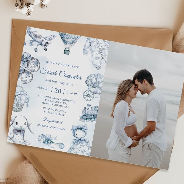 Convite Toile De Jouy Blue Boy Baby Shower Party Photo  (Criador carregado)
