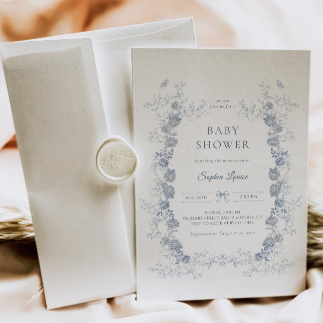 Convite Toile de Jouy Chá de fraldas Blue Chinoiserie Flor (Criador carregado)