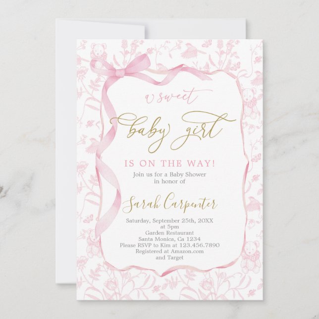 Convite Toile De Jouy Chá de fraldas com Arco Girl (Frente)