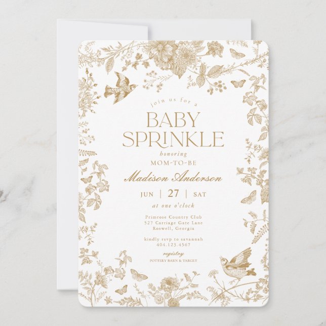 Convite Toile De Jouy Dourada Bebê Floral Francês Chá de B (Frente)