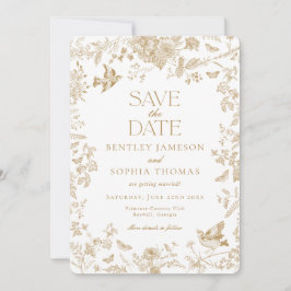 Convite Toile De Jouy Dourada Vintage Floral Salvar a Data