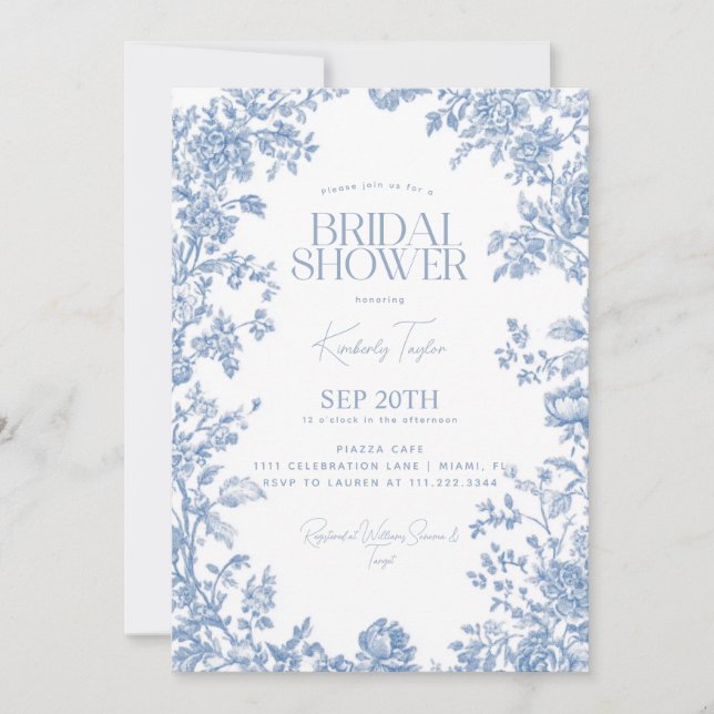 Convite Toile De Jouy Floral Dusty Blue para Chá de Noiva (Frente)
