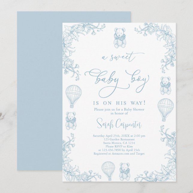 Convite Toile De Jouy Hot Air Balloon Boy (Frente/Verso)