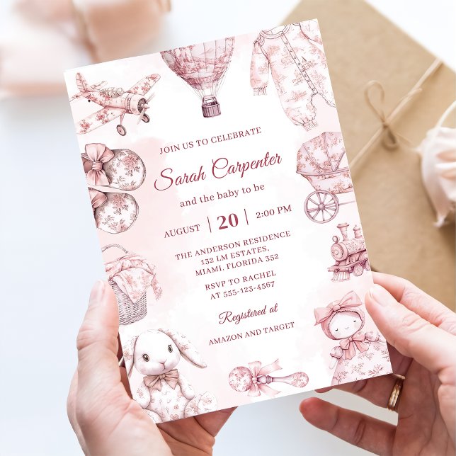 Convite Toile De Jouy Pink Girl Baby Shower Party (Criador carregado)