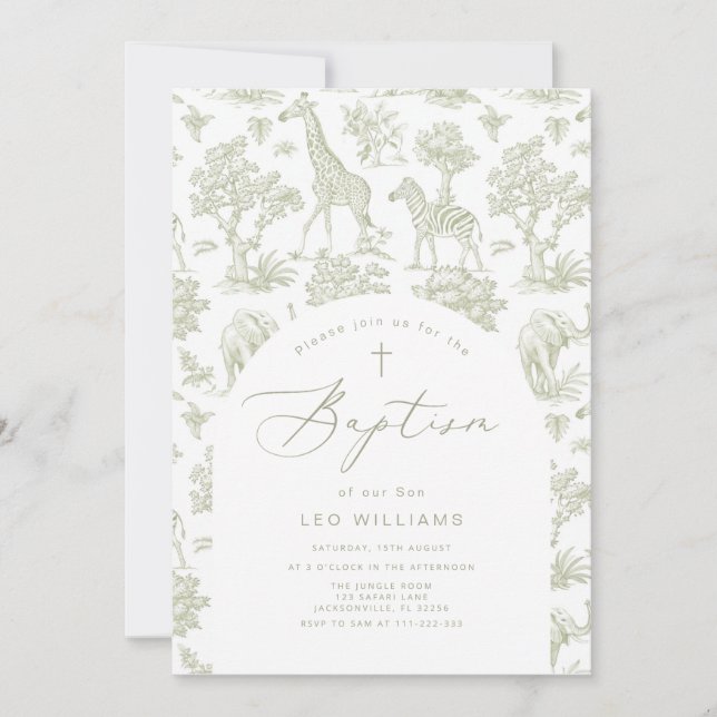 Convite Toile de Jouy Safari animais Green Boy Baptism (Frente)