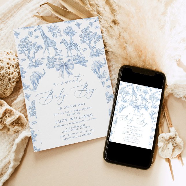 Convite Toile de Jouy Safari - chá de fraldas de bebê doce (Criador carregado)