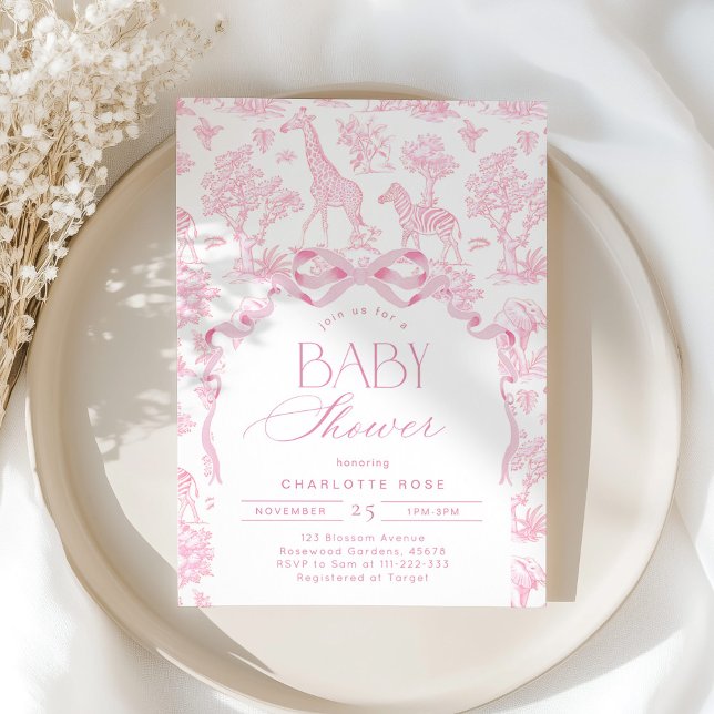Convite Toile de Jouy Safari de animais rosa Baby chá de b (Criador carregado)