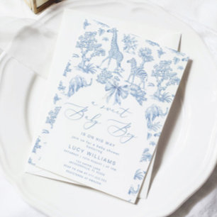 Convite Toile de Jouy Safari Doce Bebê menino chá de bebê