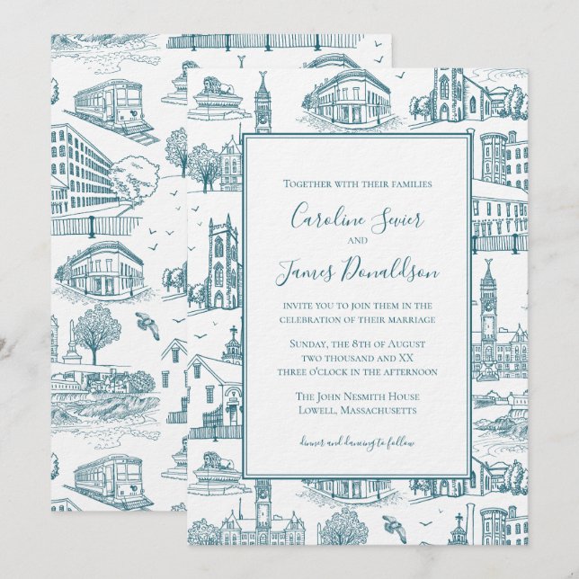 Convite Toile de Mill City (Lowell, MA) Azul/Branco (Frente/Verso)