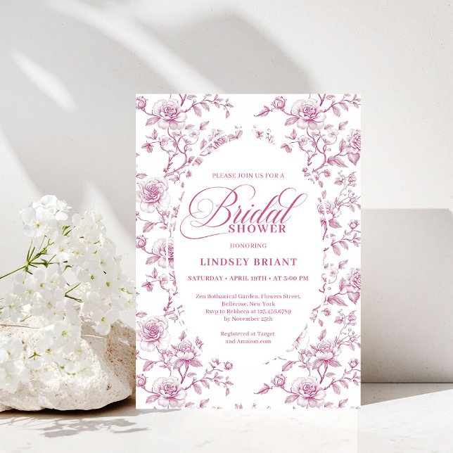 Convite Toile de Rosas Rosa e Branca Clássica para Chá de  (Classic Pink and White Roses Toile Bridal Shower Invite)