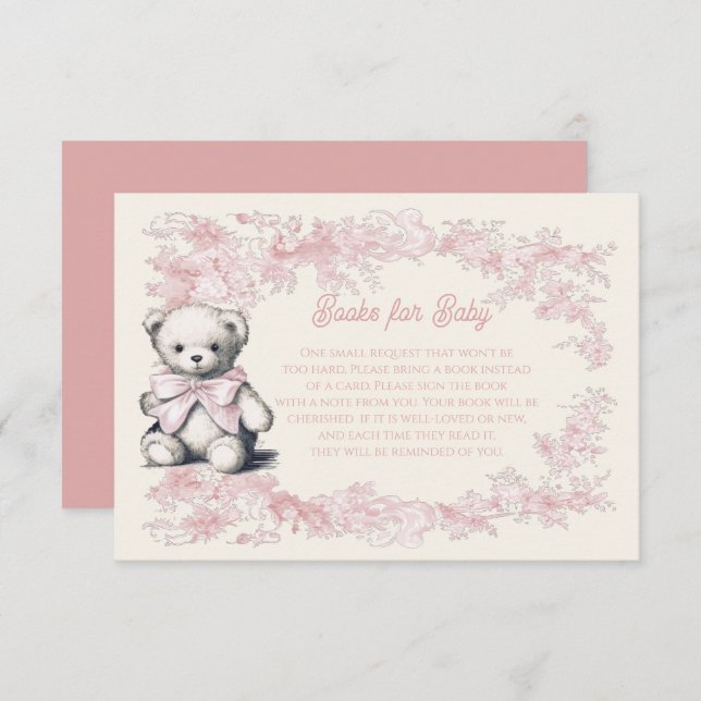 Convite Toile Floral Pink Teddy Bear Livros para Bebê (Frente/Verso)