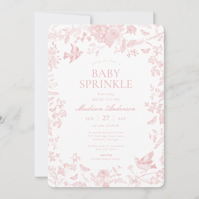 Convite Toile Rosa De Jouy Floral Baby Sprinkle Francês (Frente)