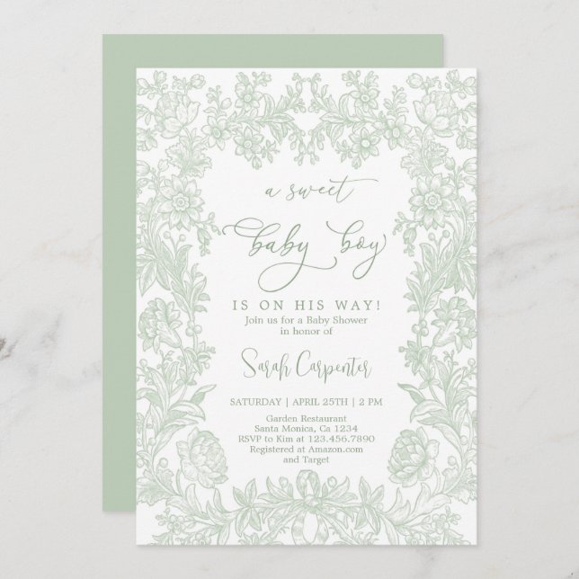 Convite Toile Vintage frame Chá de fraldas Boy (Frente/Verso)