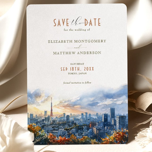 Convite Tokyo Watercolor Skyline Save-the-Date (Criador carregado)