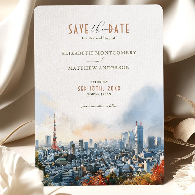 Convite Tokyo Watercolor Skyline Save-the-Date (Criador carregado)