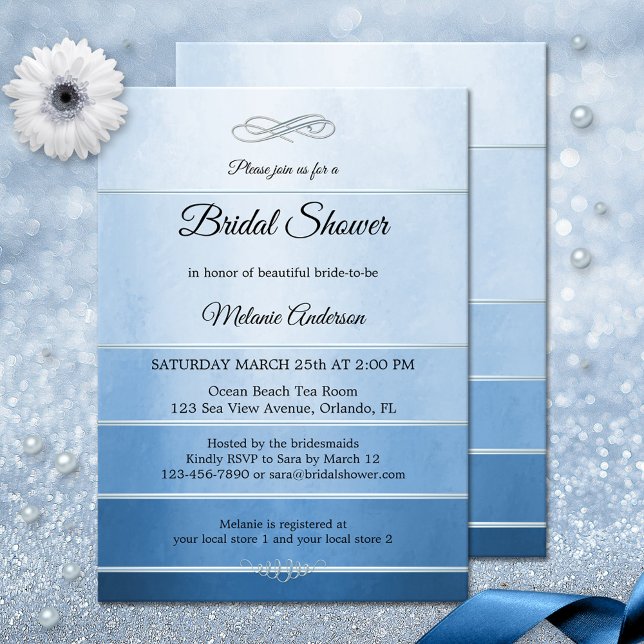 Convite Tom com risca azul-prateado no Chá de panela do To (Bridal shower invitation featuring a blue striped tone on ton painted design with a silver lining)