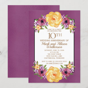 Convite Tom de Joia Roxo Amarelo Floral 10º Aniversário