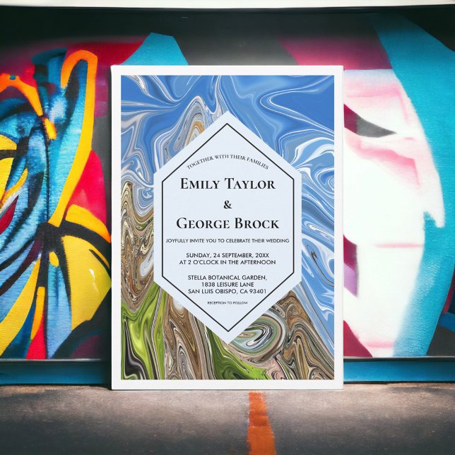 Convite Tom de Terra Azul Verde Geométrico Mínimo para Cas (Criador carregado)