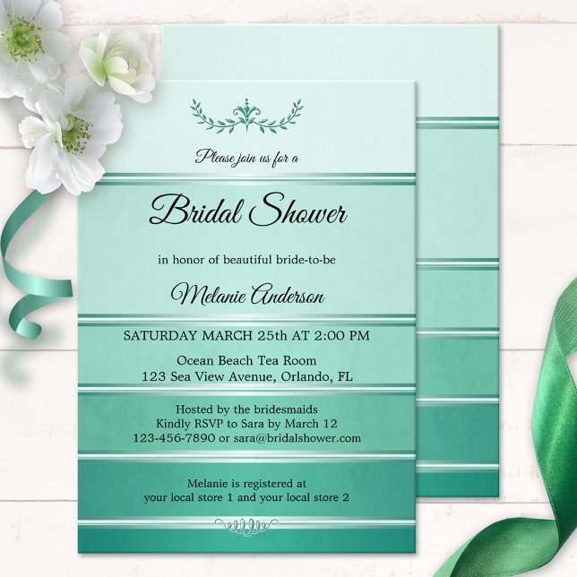 Convite Tom verde-prateado riscado no Chá de panela do Tom (Bridal shower invitation featuring a green striped tone on tone painted design with a silver lining)