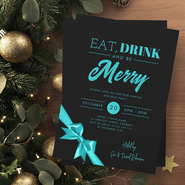 Convite Tome Moderna Xmas Turquesa Fita Preta (Modern Eat Drink Xmas Turquoise Ribbon Black Invitation)