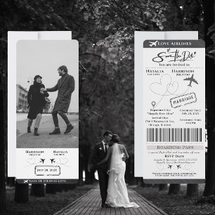 Convite Tome o voo com amor: Embarcar Passagem Salvar Data