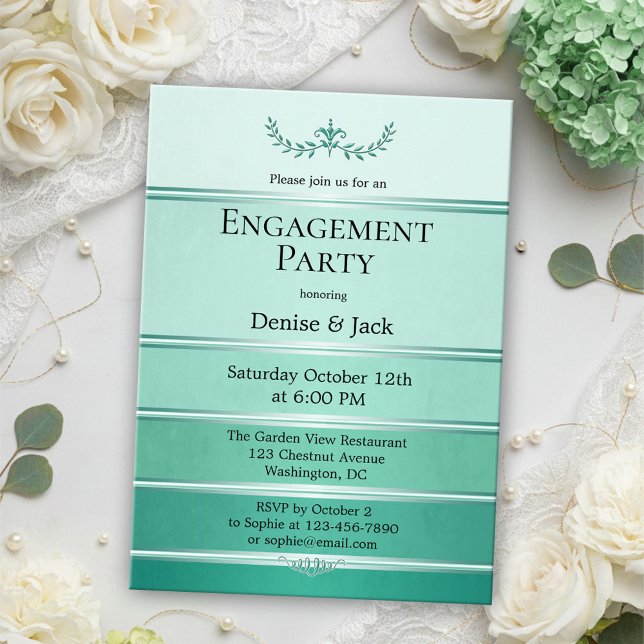 Convite Ton Verde Silver sur Ton Festa de noivado Strike (Engagement party invitation featuring painted green tone on tone stripes with a silver lining)