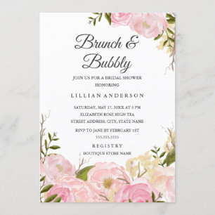 Convite Tonalidade Rosa Aquarela Floral Brunch E Bolhas