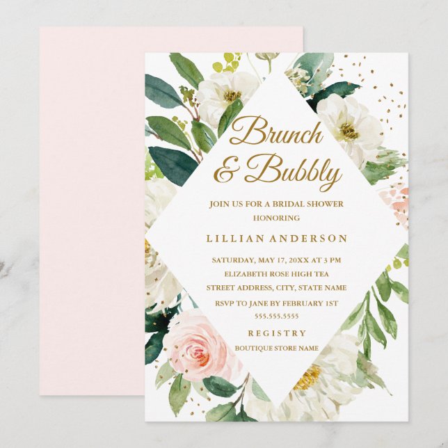 Convite Tonalidade Rosa Floral Dourada Brunch E Bubbly (Frente/Verso)