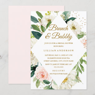 Convite Tonalidade Rosa Floral Dourada Brunch E Bubbly