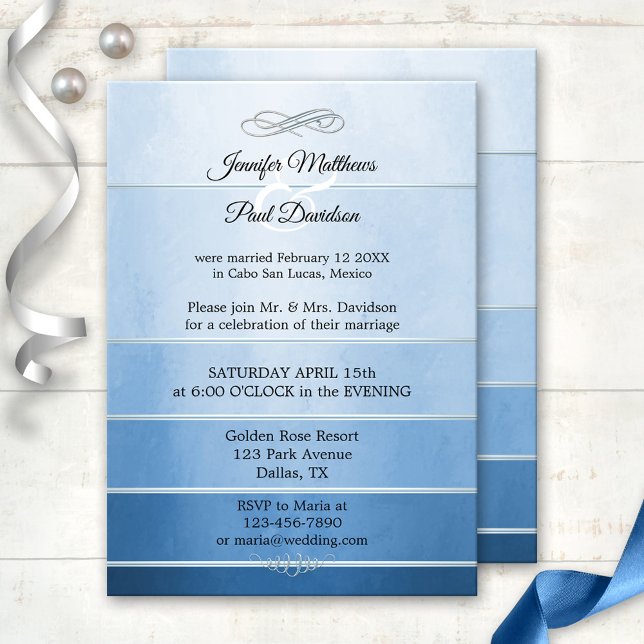Convite Tone Azul Prateado no Casamento Poste com Strike T (After wedding invitation featuring a ton sur ton blue striped painted design with a silver lining)