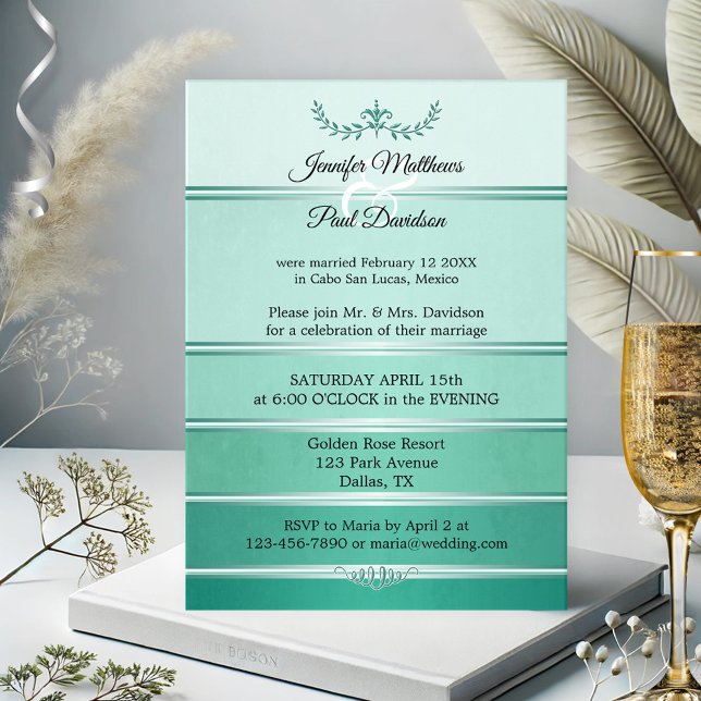 Convite Tone Verde Prateado no Casamento Poste com Tone St (After wedding or elopement invitation featuring a tone on tone green with silver stripe)