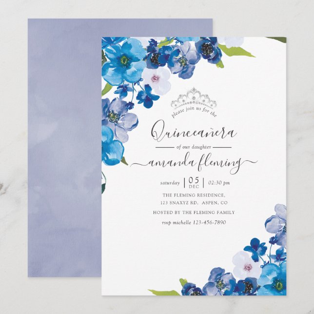 Convite Toneladas de Quinceañera Azul Floral (Frente/Verso)