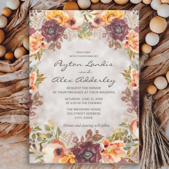 Convite Toneladas Terrestres Românticas Querem Casamento F (Rust and orange watercolor floral wedding invitation for fall weddings)