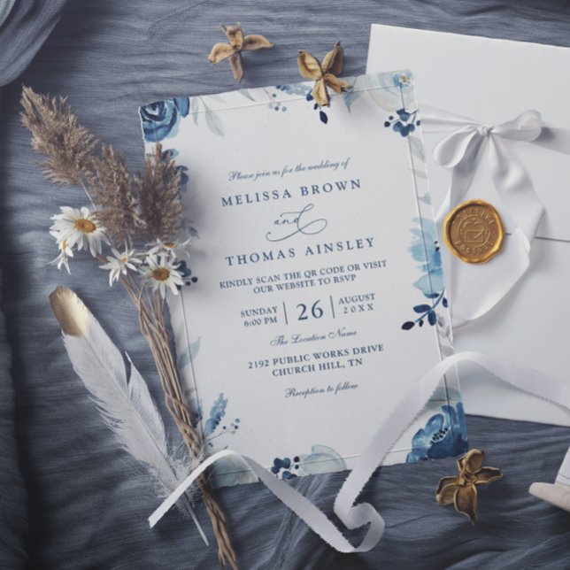 Convite Tons de Azul Botânico Floral Código QR Casamento (Criador carregado)