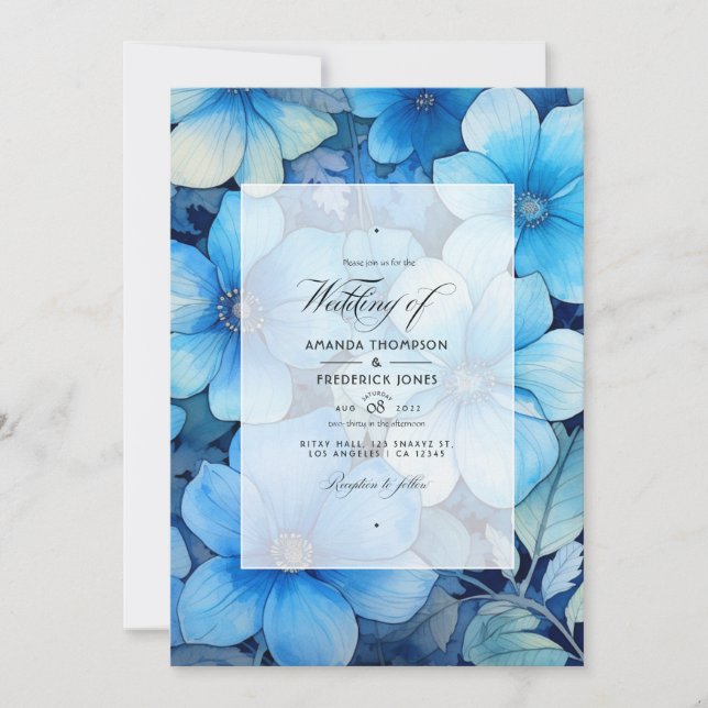 Convite Tons de Azul Casamento Floral (Frente)
