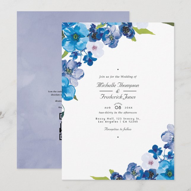 Convite Tons de Azul Floral Código QR RSVP Casamento (Frente/Verso)