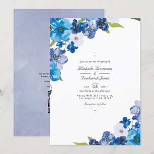 Convite Tons de Azul Floral Código QR RSVP Casamento