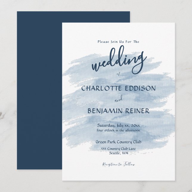 Convite Tons de Azul para Casamento Moderno (Frente/Verso)