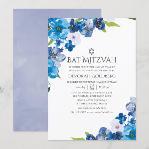 Convite Tons de Bat Mitzvah Floral Azul