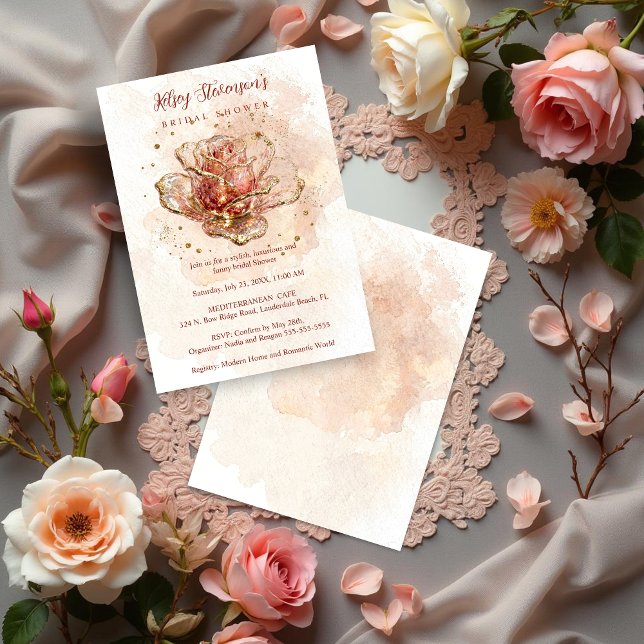 Convite Tons de Rosa Delicado com Efeito de Vidro Brilhant (Delicate Pink Shades Glitter Glass Effect Rose Ornament Bridal Shower Invitation Card Design.)
