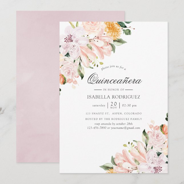 Convite Tons Pastéis Florais Quinceañera (Frente/Verso)