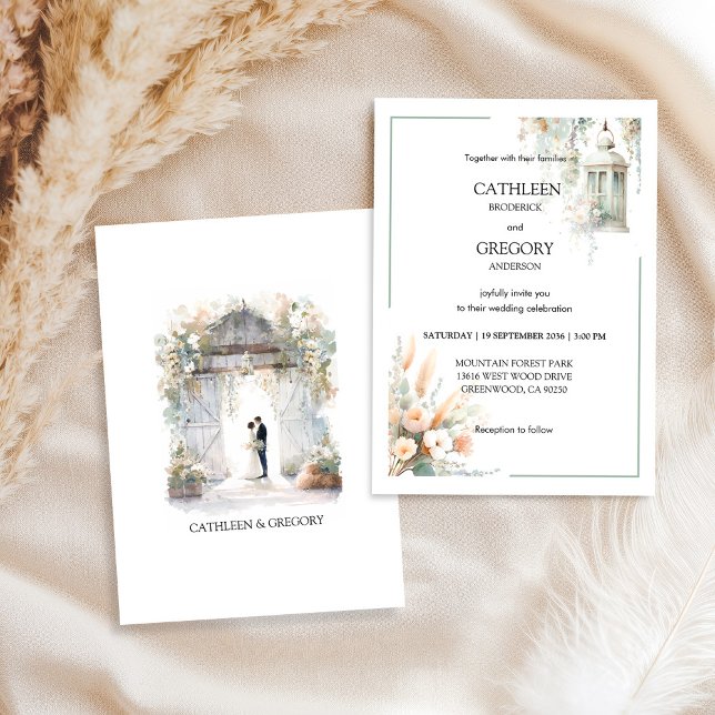 Convite Tons Pastéis Rústicos Aquarela Casamento de Celeir (Criador carregado)
