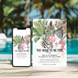 Convite Too Wild to Be Five Zebra Jungle Birthday