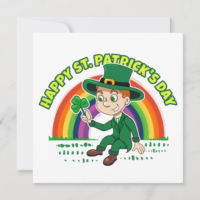 Convite Toon leprechaun bonito com shamrock e arco-íris (Frente)