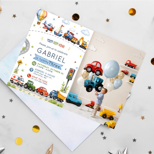 Convite Toot, Beep, Honk! Aniversário Aquarela (Criador carregado)