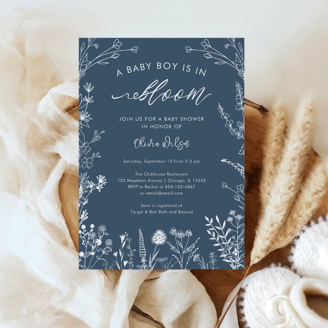Convite Topaz Blue Wildflower Baby Boy in Bloom Chá de fra (Topaz Blue Wildflower Line Art 'A Baby Boy is in Bloom' Baby Shower Invitation)