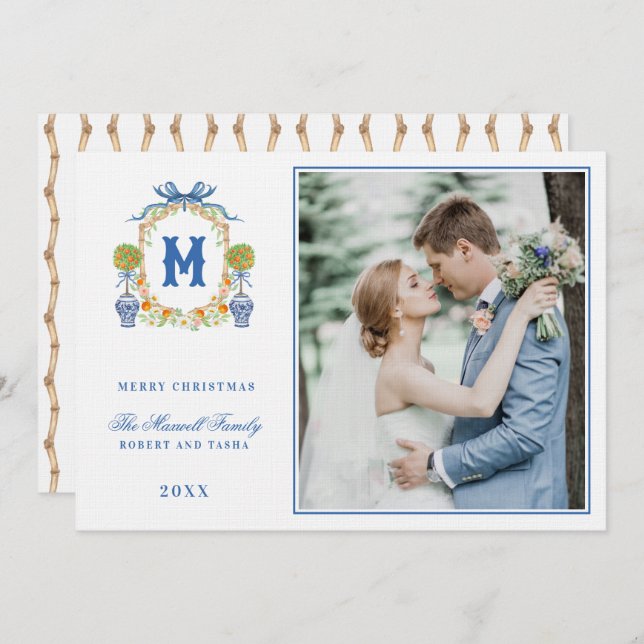 Convite Tópico laranja na Chinoiserie Pote Crest Monograma (Frente/Verso)