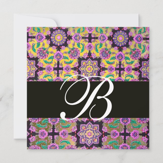 Convite TOPKAPI AMARELO NEGRO MONOGRAMA DE DAMASK rosa ver (Frente)