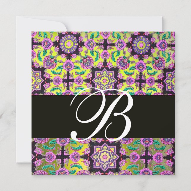 Convite TOPKAPI AMARELO NEGRO MONOGRAMA DE DAMASK rosa ver (Frente)