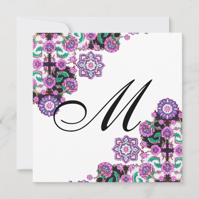 Convite TOPKAPI BLACK WHITE DAMASK MONOGRAM cor-de-rosa-pr (Frente)